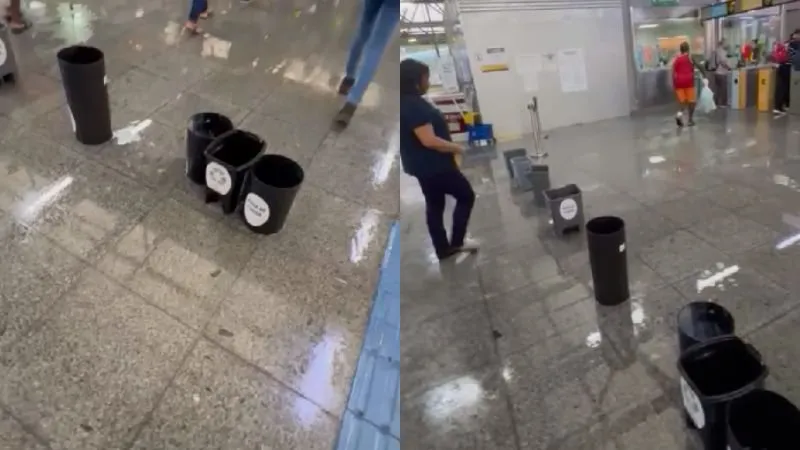 Goteiras invadem a Estação Acesso Norte do metrô em Salvador durante forte chuva