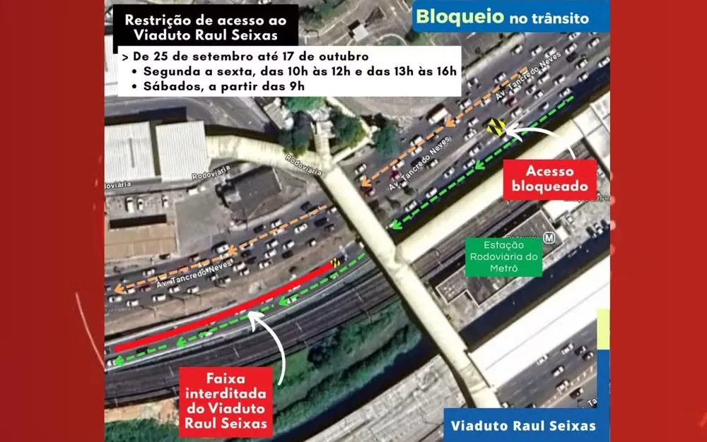 Interdição parcial do Viaduto Raul Seixas começa nesta quinta em Salvador por obras no entorno da Rodoviária